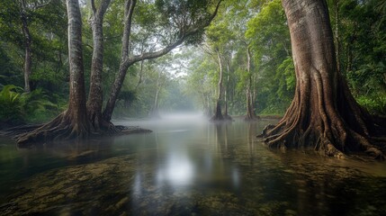 Obraz premium the lush rainforests of Daintree, Australia, with mist rolling through ancient trees