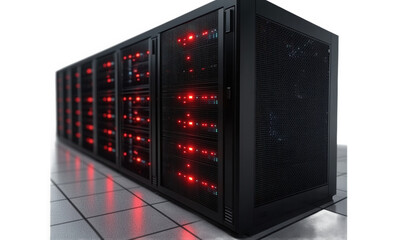 Black computer room chassis, flashing red lights