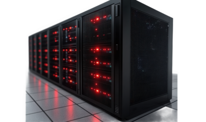 Black computer room chassis, flashing red lights