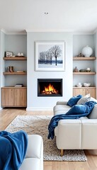 A cozy and modern living room with a fireplace and built-in shelving unit.