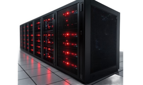 Black computer room chassis, flashing red lights