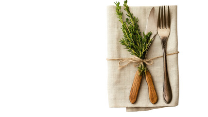 Rustic dining setup with herbs and silverware on a textured linen napkin