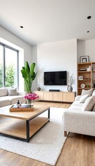 A modern living room with neutral color palette and natural light.