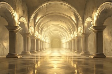 Obraz premium Grand hall with luminous arches and reflective floor in an ancient structure