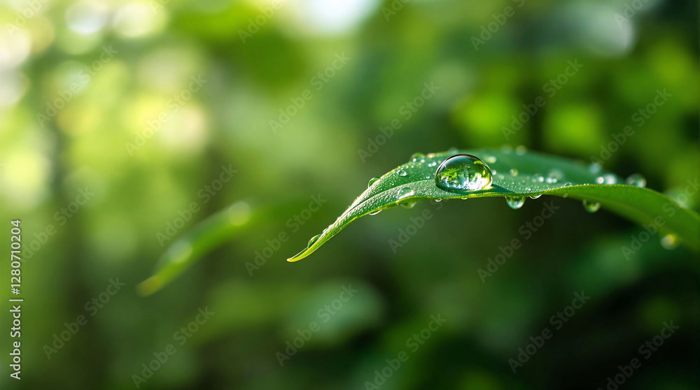 Poster a close-up of a dewdrop on a leaf, set against a blurred green background. the dewdrops glisten, ref