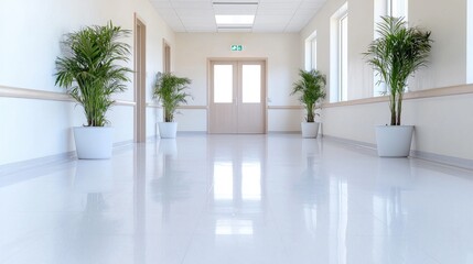 Fototapeta premium Empty hospital corridor with plants, bright and modern. Possible use medical facility brochure, website, or article illustration