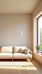 A minimalist room with natural light features an off-white couch and hanging light fixture.