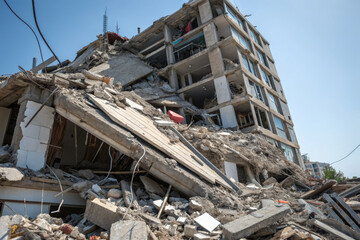 Devastated building after earthquake, showcasing destruction and debris