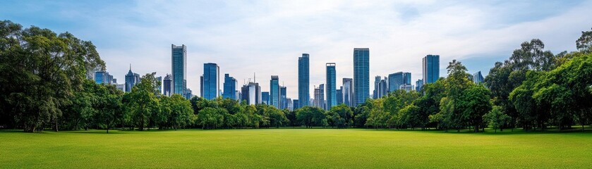 Obraz premium A vivid urban landscape showcasing a lush green park surrounded by towering skyscrapers and a clear blue sky.