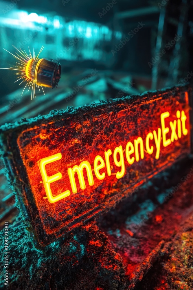Poster An illuminated emergency exit sign on a dark background