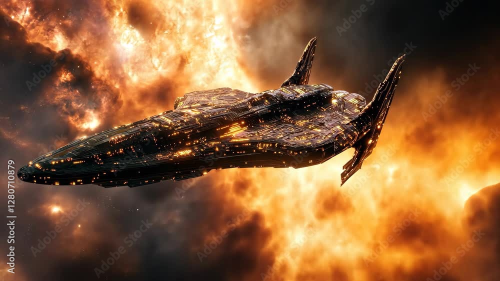 Poster mysterious alien fractal spacecraft rotating within a vibrant cosmic nebula, alien fractal spacecraf