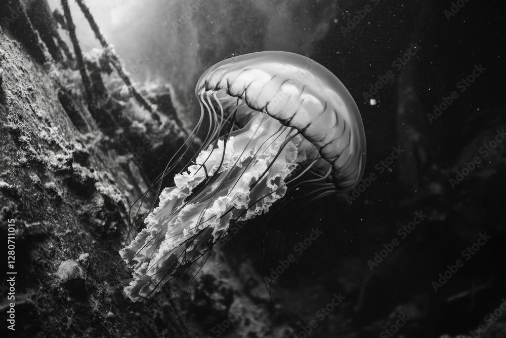 Poster A close-up image of a jellyfish in black and white, great for use in educational or scientific contexts where a minimalist approach is desired
