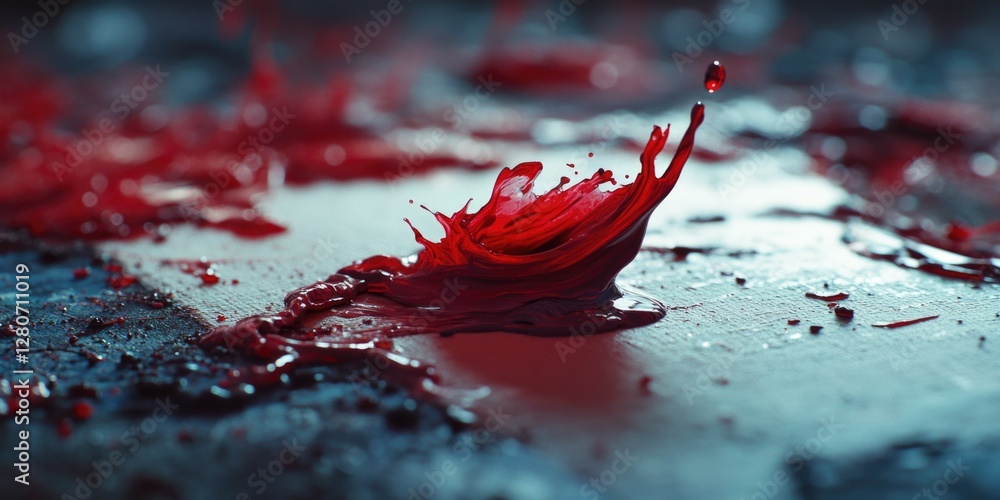 Poster a close-up shot of a mysterious red substance on a table, perfect for use in crime scene or forensic