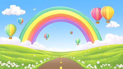 Cartoon-style scene, a bright sunny day with a rainbow in the sky, a green field and white clouds
