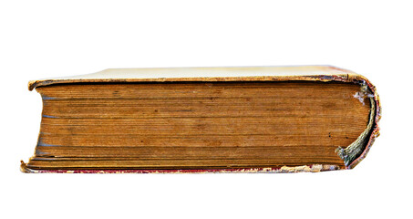Old book isolated on a transparent background. Old damaged book close up.