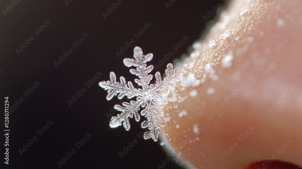 Poster detailed view of a delicate snowflake on a finger