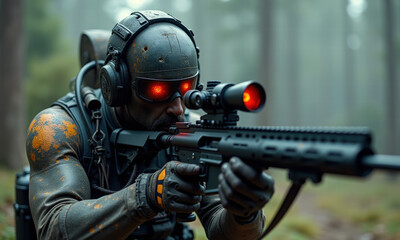 Obraz premium Futuristic Soldier Aiming Sniper Rifle - Futuristic