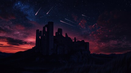 castle ruins silhouetted against a meteor shower, creating a scene of timeless beauty