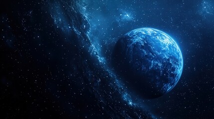 Neptune, its deep blue hue glowing against the infinite black of space.