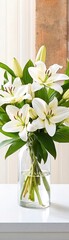 Obraz premium Elegant white lily flower arrangement in glass vase indoor setting floral composition bright atmosphere close-up view