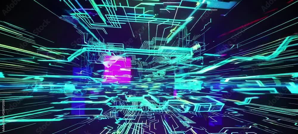 Poster futuristic neon cybercity with dynamic circuitry and glowing light streams