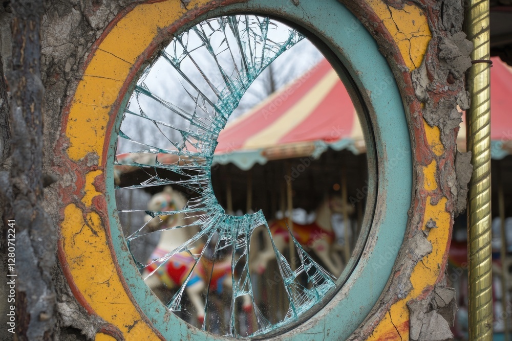Poster a broken window with a colorful carousel visible through the damaged glass