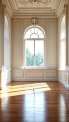 An empty room with white walls and wood floors, featuring an arched window that lets in natural light.