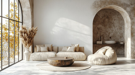 Serene Interior: a harmonious, modern living room bathed in soft light, natural textures creating an inviting and calming space.
