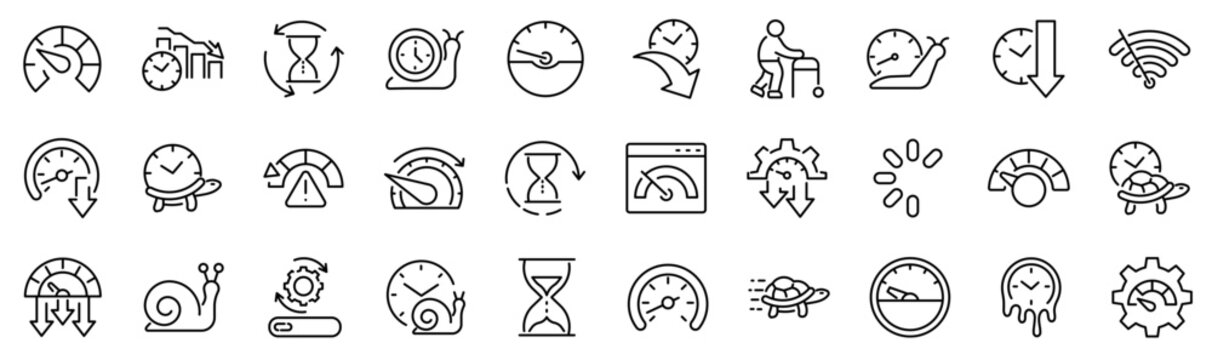 Set of 30 outline icons related to slow. Linear icon collection. Editable stroke. Vector illustration
