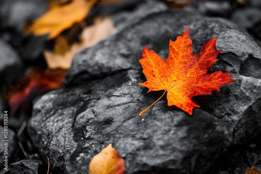 Poster a single red leaf rests on top of a pile of rocks in a natural setting
