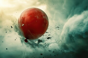 A lone red balloon drifting through a cloudy sky, possibly abandoned or lost