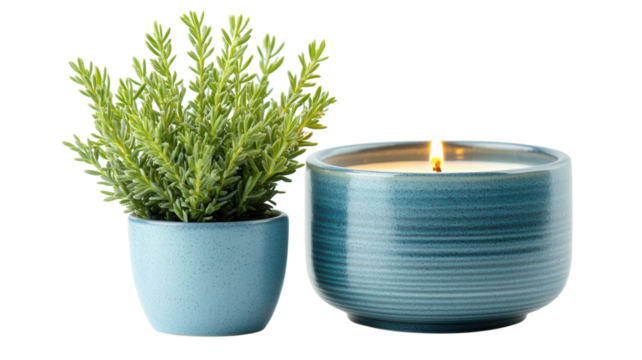 Tranquil ambiance with a scented candle and faux greenery for a cozy setting
