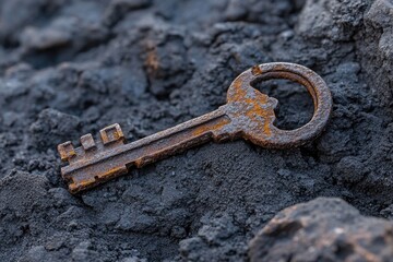 A rusty key sitting atop a mound of earth, potentially indicating a hidden or buried treasure