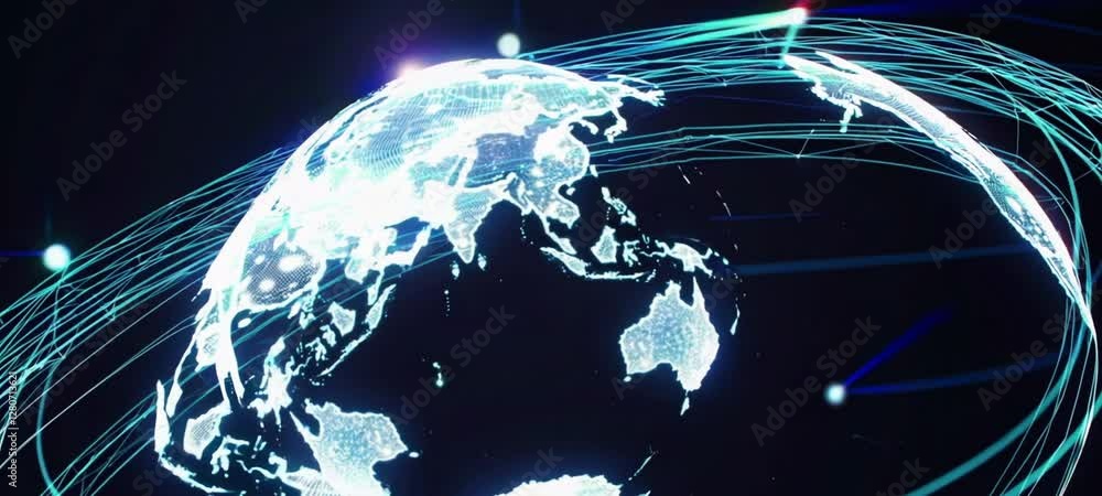 Poster global digital connectivity: illuminated earth with flowing data streams in motion