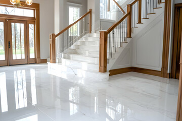 Elegant White Marble Entry Hall with Wooden Stairs and Light Gray Flooring.