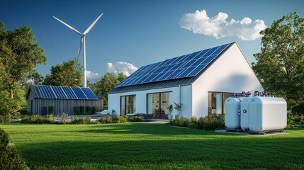 Obraz premium Eco-Friendly Home: A modern house embraces sustainability with solar panels and a wind turbine, showcasing a commitment to renewable energy and eco-conscious living.