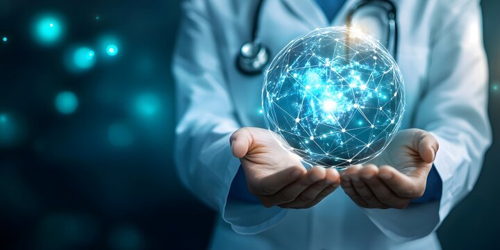 Doctor holding crystal ball with network of stars symbolizing medical technology and health