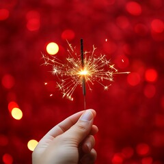 Hand holding sparkler, red bokeh