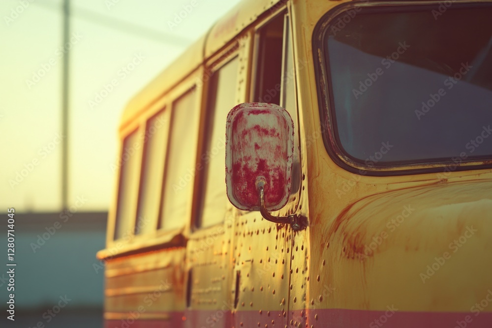 Poster a detailed view of a yellow school bus with distinctive features and markings