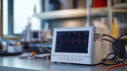 Fototapeta premium compact and efficient ECG machine for home care use. Describe its role in monitoring heart health by capturing and transmitting real-time data