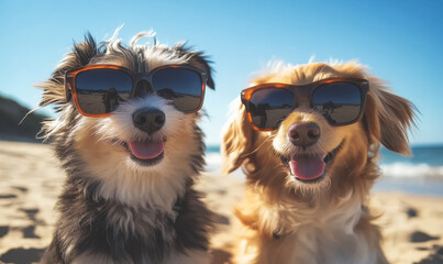 Two dogs wearing sunglasses on the beach