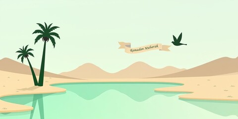 Obraz premium Serene Ramadan Desert Oasis Landscape with Palm Trees and Reflective Water, Middle Eastern Natural Background Illustration