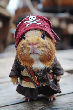 This whimsical image features a guinea pig dressed as a pirate, offering a playful take on pet photography that embraces humor and creativity in thematic portraiture.