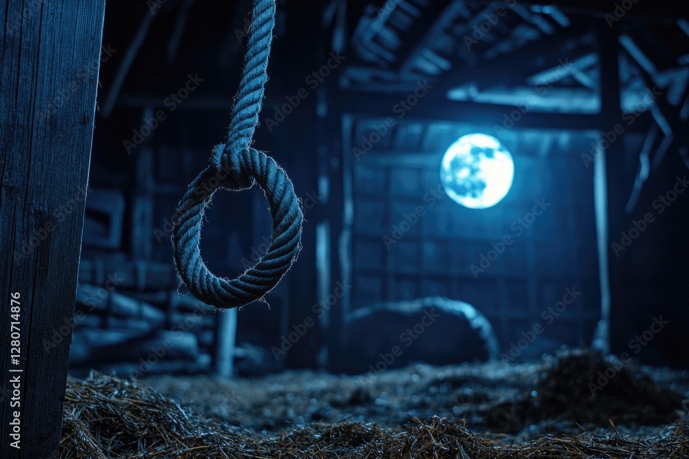 Poster a rope hangs from the ceiling of a barn, providing support for various tasks
