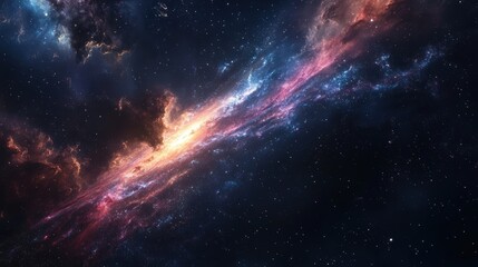 Naklejka premium deep-space night sky image, showcasing a vivid galaxy cluster against a black cosmic void.