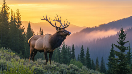 Fototapeta premium A majestic elk standing majestically in the misty mountains of British Columbia, Canada, with lush green forests and vibrant sunset colors. Ai generated