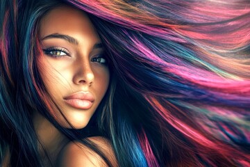 Long coiffure - multicolored hair. Commercial digital ads idea. Pretty calm mixed-race girl - for ads, advertisement and digital promotion use. African elegance glamorous advertising.