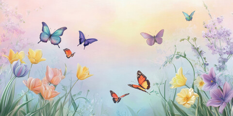 Colorful butterflies and flowers in pastel skies. Spring illustration