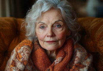 Elderly Woman in Cozy Orange Scarf on Vintage Couch