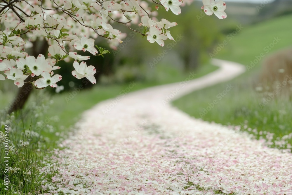 Aufkleber a winding path lined with various colorful flowers and greenery, suitable for use in outdoor or natu